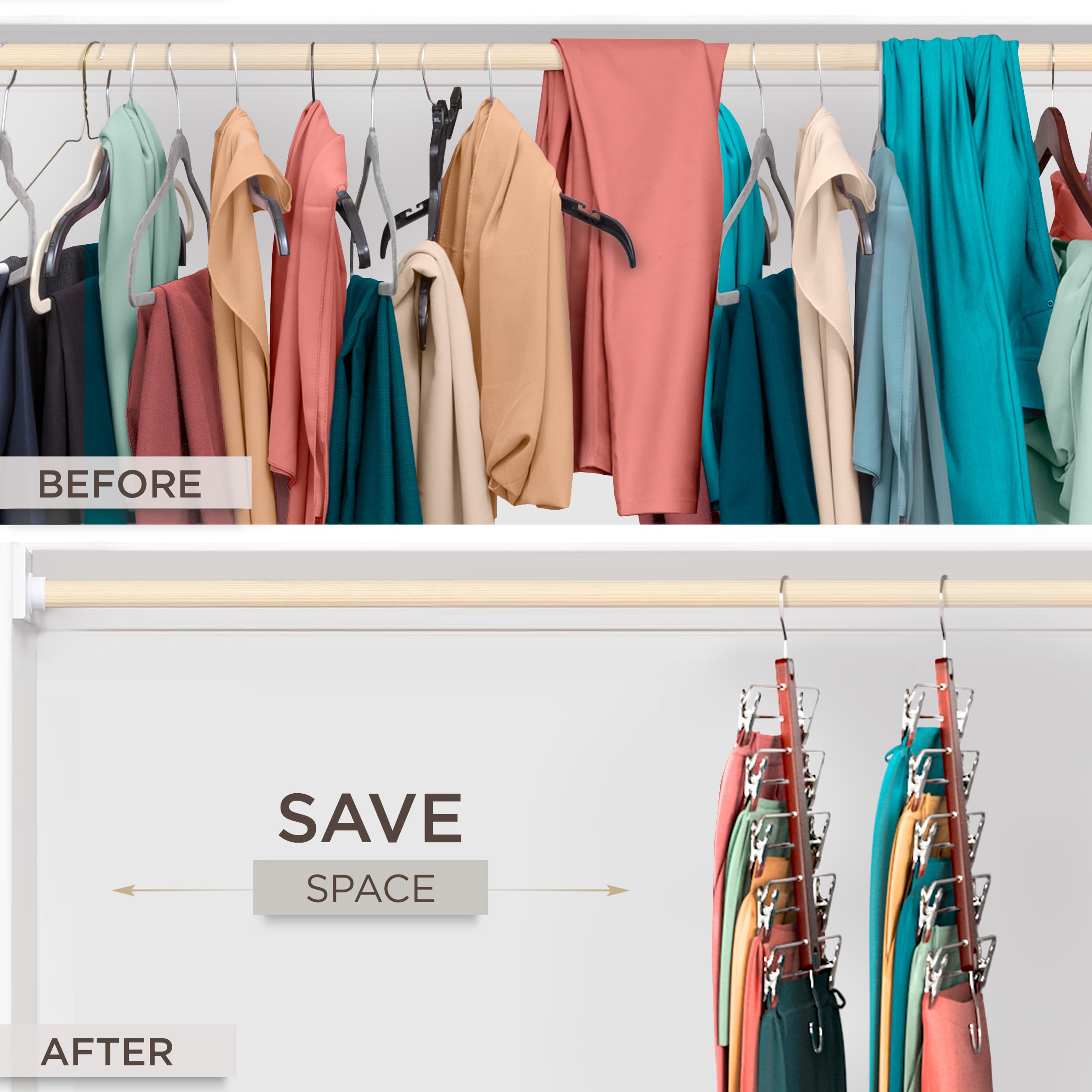 MORALVE Skirt Hangers Space Saving with Clips - 2 Pack - European Beechwood 5-Tier Hanger for Shorts, Skirts, and Trousers
