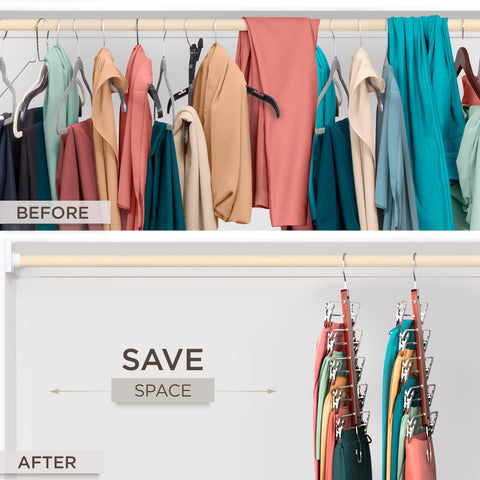 MORALVE Skirt Hangers Space Saving with Clips - 2 Pack - European Beechwood 5-Tier Hanger for Shorts, Skirts, and Trousers