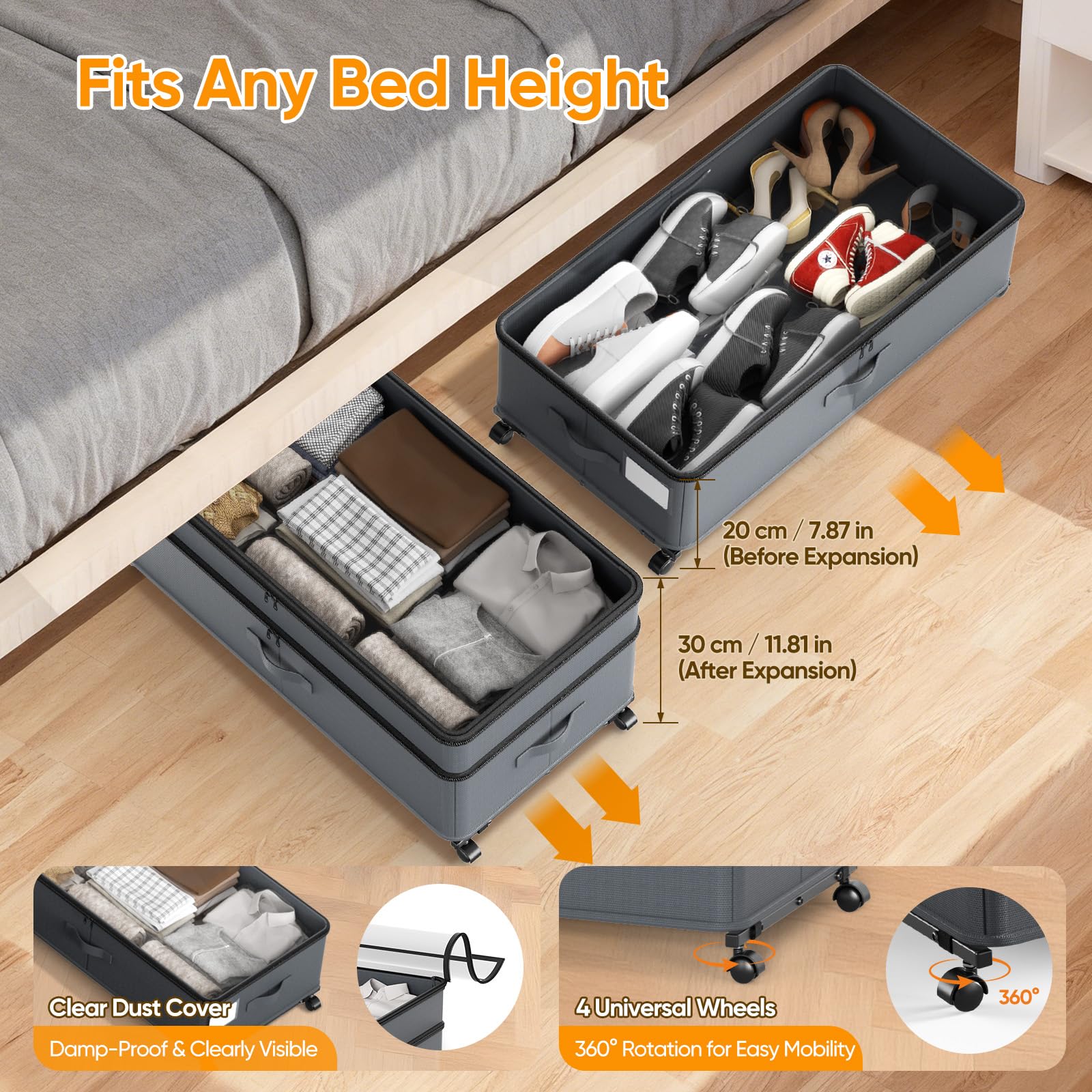 Ovshnrr 70L Under Bed Storage with Wheels, 2 Pack XXL Underbed Storage Drawers, Adjustable 10in High Closet Organizers with Lid