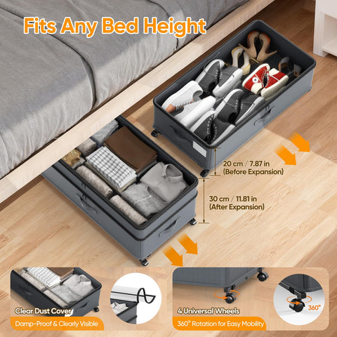Ovshnrr 70L Under Bed Storage with Wheels, 2 Pack XXL Underbed Storage Drawers, Adjustable 10in High Closet Organizers with Lid