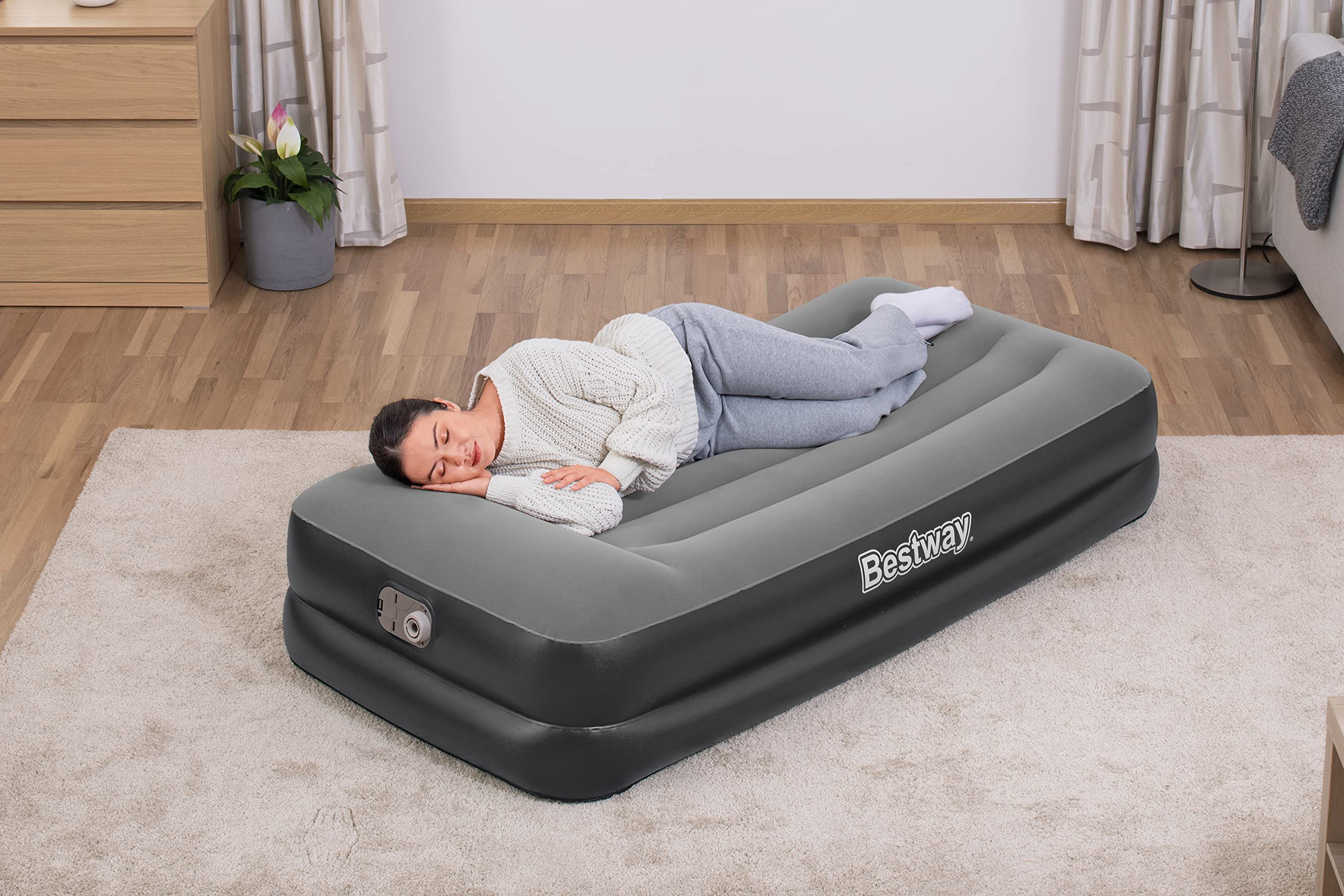 Bestway | Tritech Air Mattress, Twin Size with Built in AC Pump | Durable Inflatable Mattress with Fast Inflation and Storage Bag, Grey