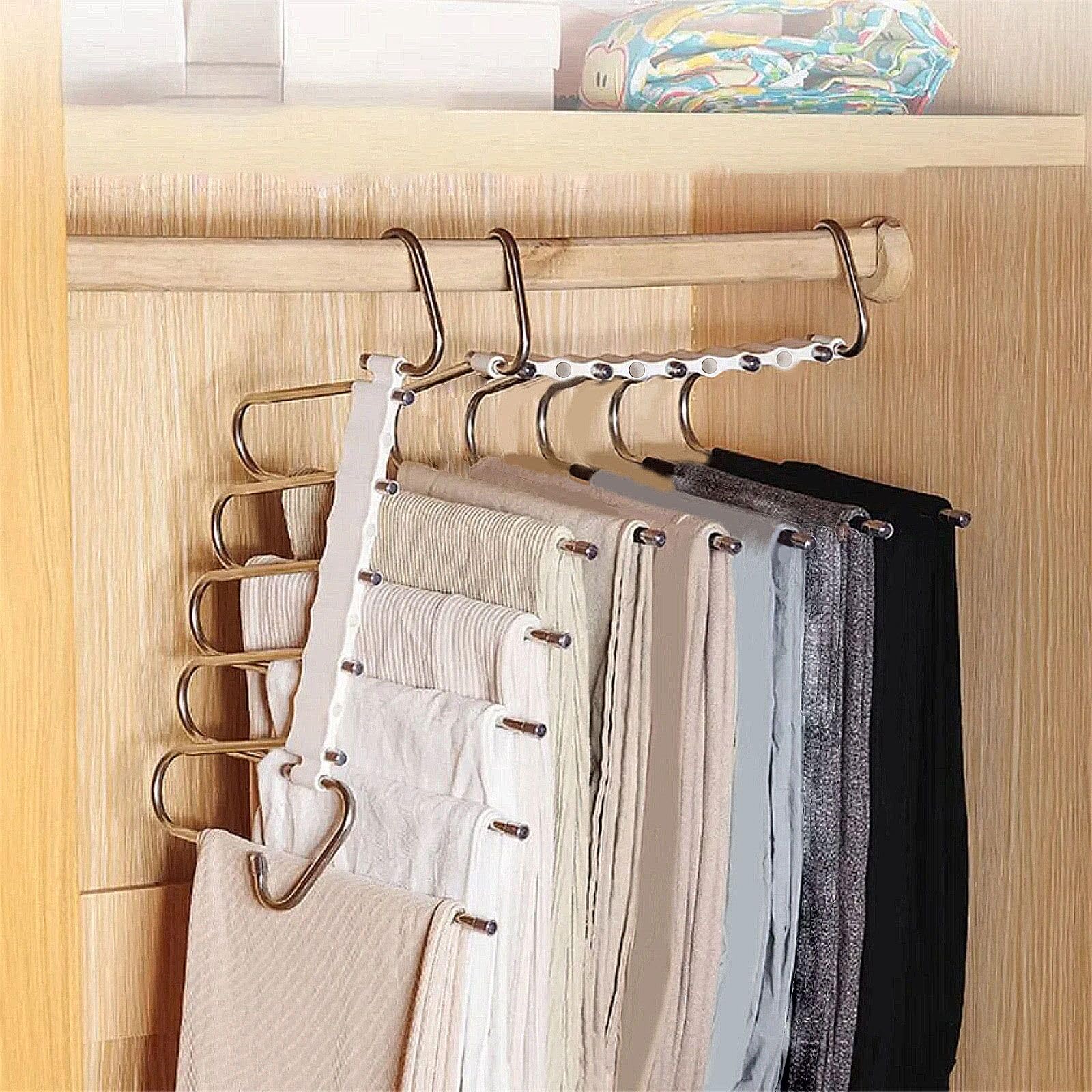 3 Pack trouser hangers space saving, 5 In 1 Non-Slip Multifunctional Pants Rack, Clothing Rack for Closet Storage - Ideal for Jeans, Pants, Skirts