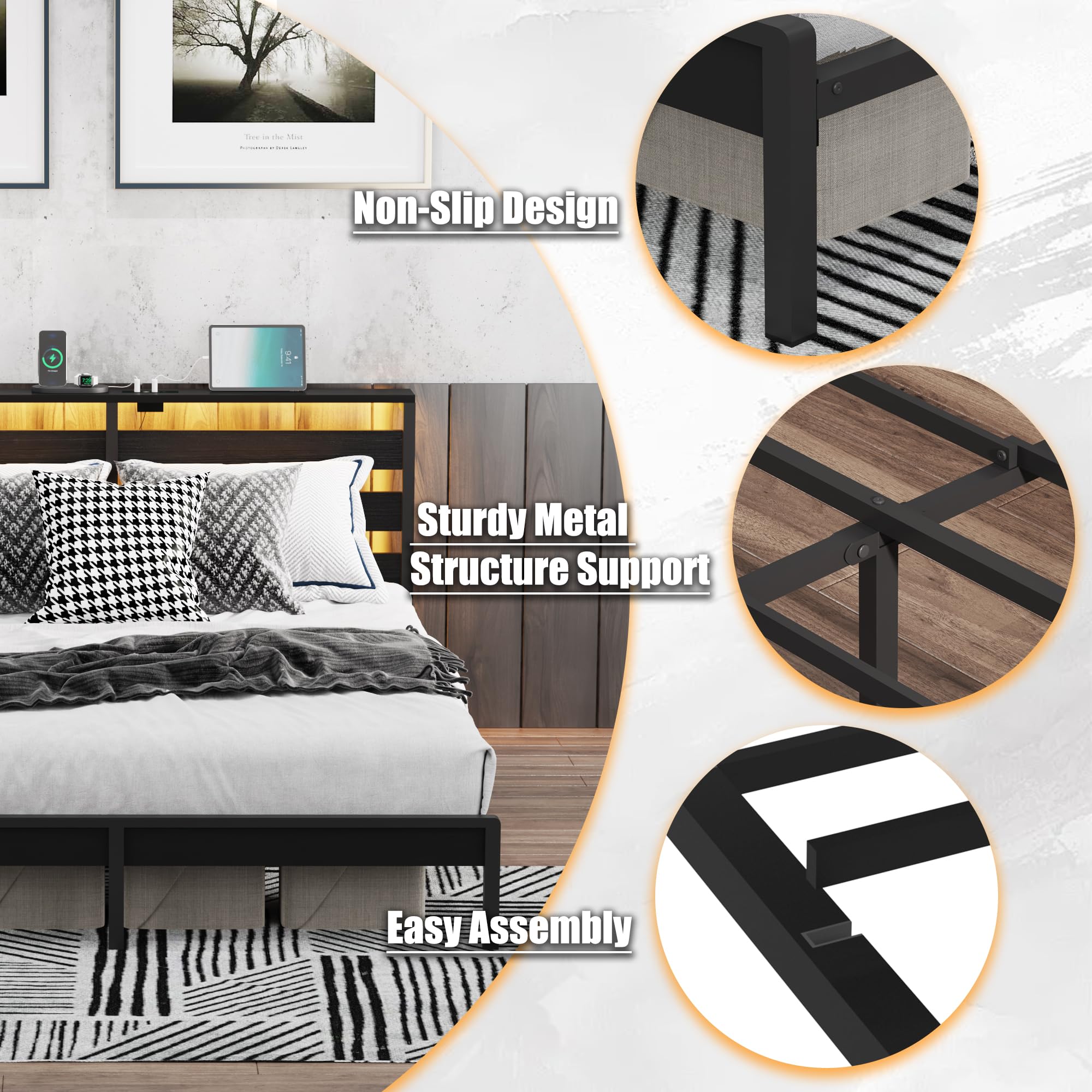 XINBEDEU King Metal Bed Frame with USB Charging Station, LED Lights & Storage Headboard – Heavy Duty Black Platform Bed with 31.5 cm Underbed Storage