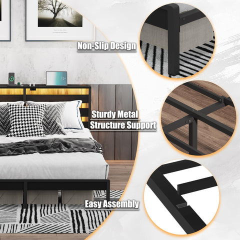 XINBEDEU King Metal Bed Frame with USB Charging Station, LED Lights & Storage Headboard – Heavy Duty Black Platform Bed with 31.5 cm Underbed Storage