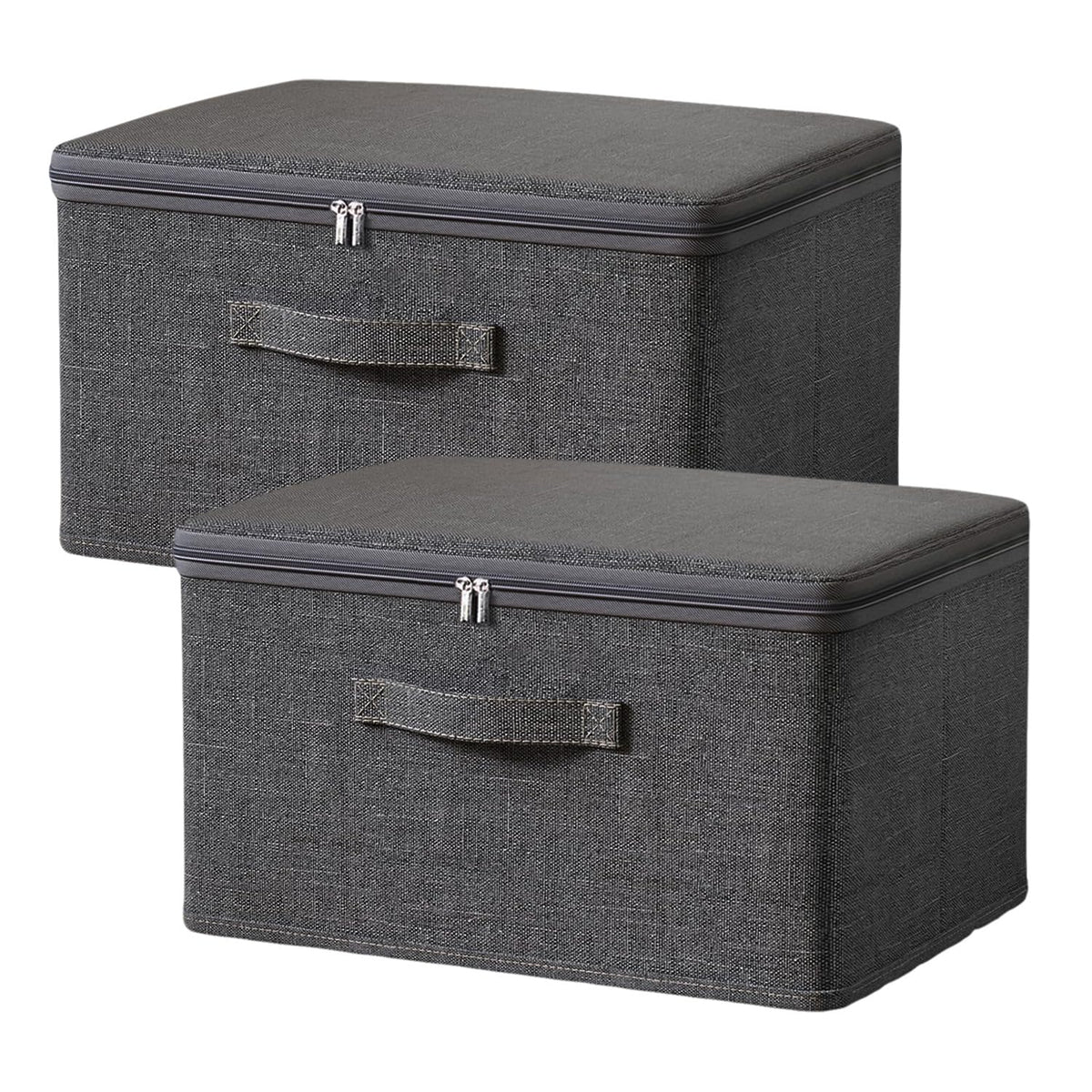 Exquilnova 2PCS Storage Boxes with Lids,Grey Wardrobe Storage Organiser,Foldable Fabric Boxes with Reinforced Handle,Clothes Box with Zips for