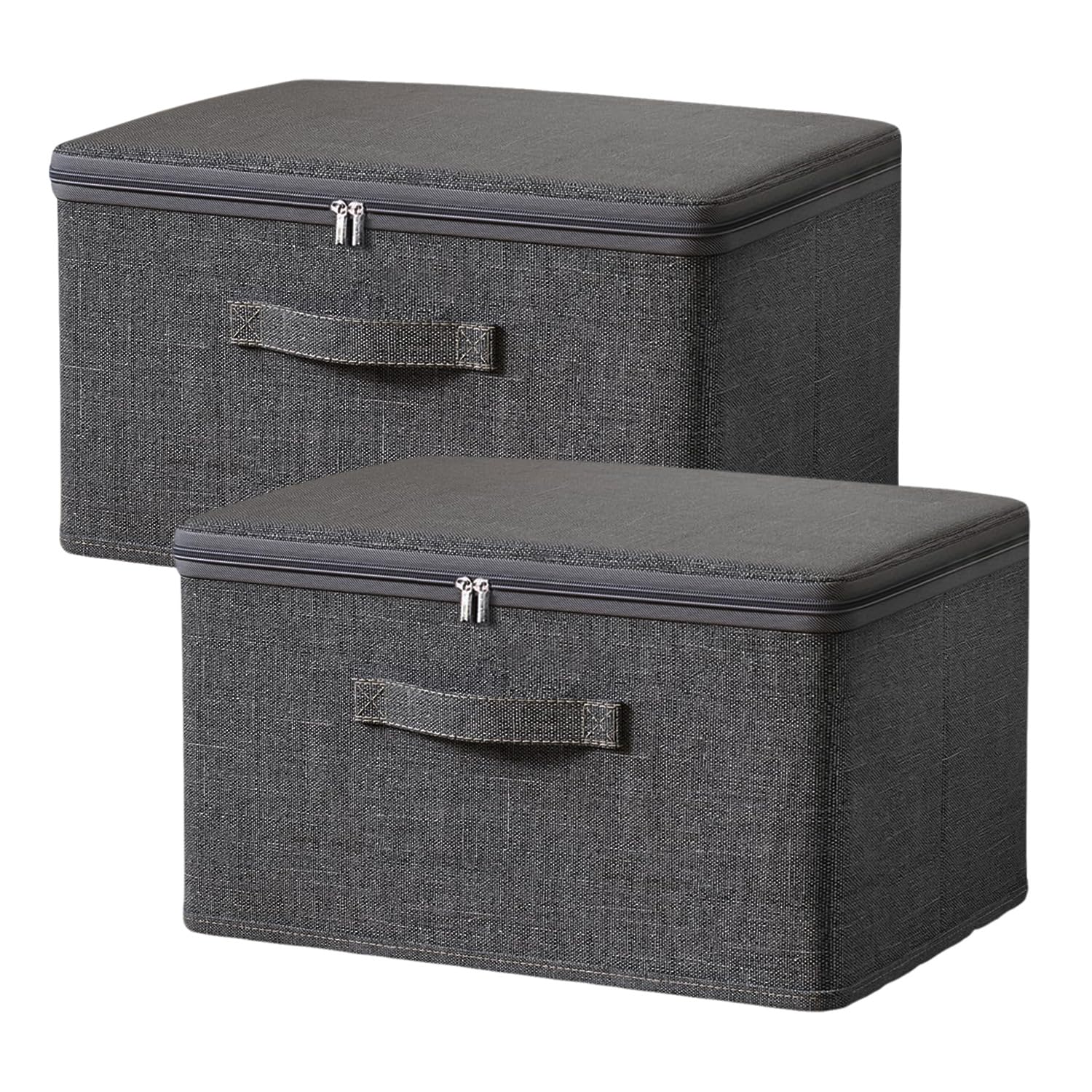 Exquilnova 2PCS Storage Boxes with Lids,Grey Wardrobe Storage Organiser,Foldable Fabric Boxes with Reinforced Handle,Clothes Box with Zips for