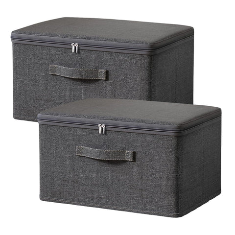 Exquilnova 2PCS Storage Boxes with Lids,Grey Wardrobe Storage Organiser,Foldable Fabric Boxes with Reinforced Handle,Clothes Box with Zips for