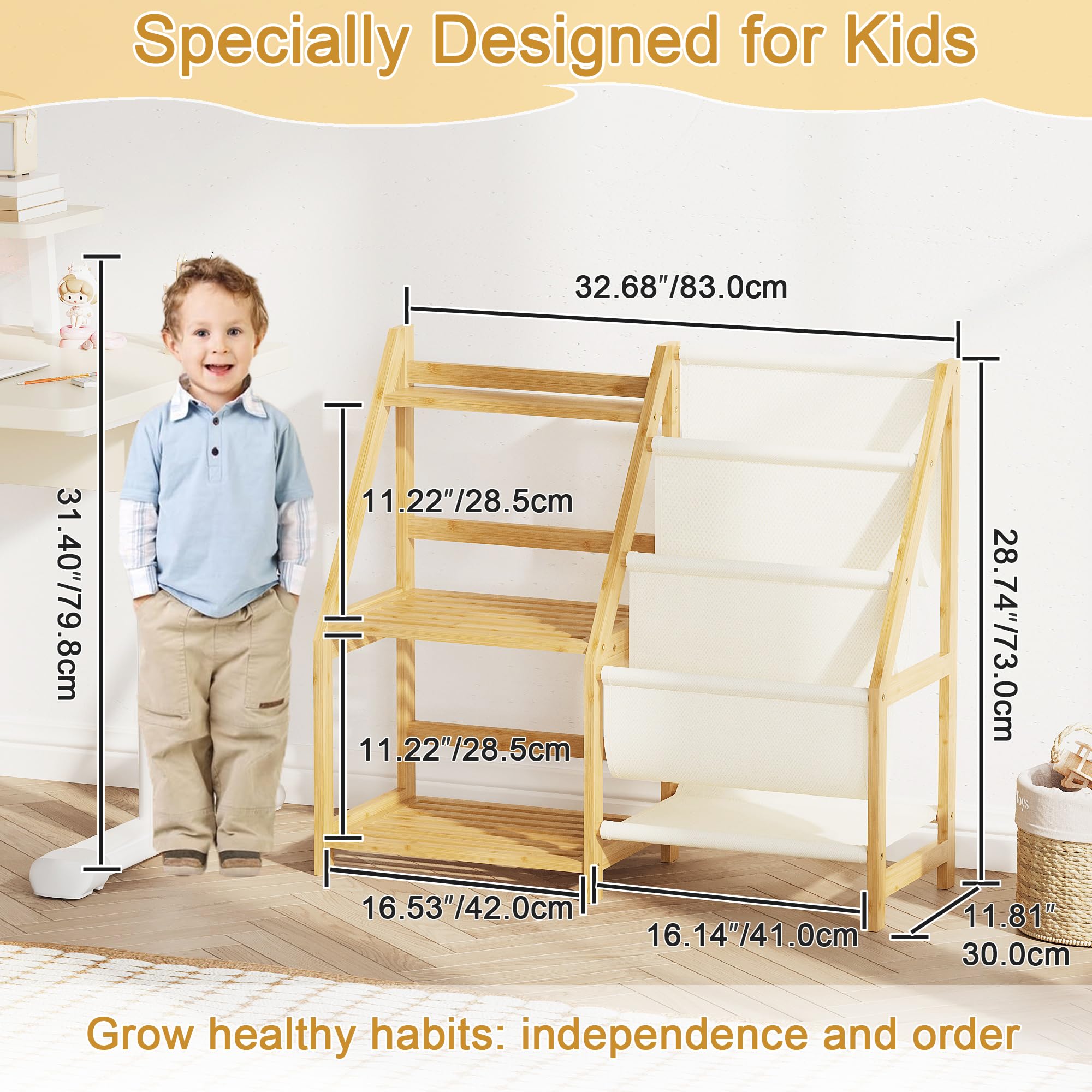 BAMBANG Kids Bookshelf and Toy Storage, 3 Tier Toddler Book Shelf, Montessori Bookshelf Baby Bookcase for Nursery, Bedroom, Playroom