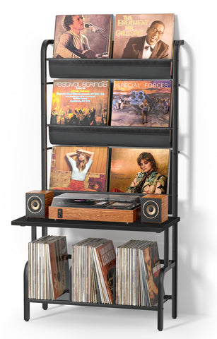 Bikoney Record Player Stand with Vinyl Storage for 300 LPs - Bigger Storage