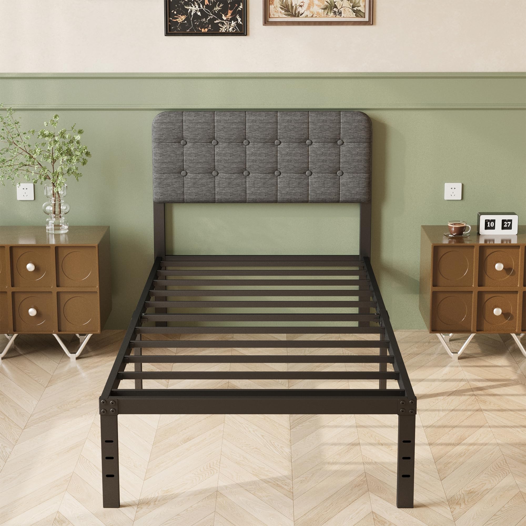 Lutown-Teen Single Bed Frame with Grey Upholstered Headboard