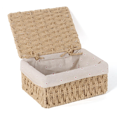 FEILANDUO Wicker Shelf Baskets Bin with Lid, Handwoven Paper Rope Baskets for Organizing, Rectangular Basket for Storage