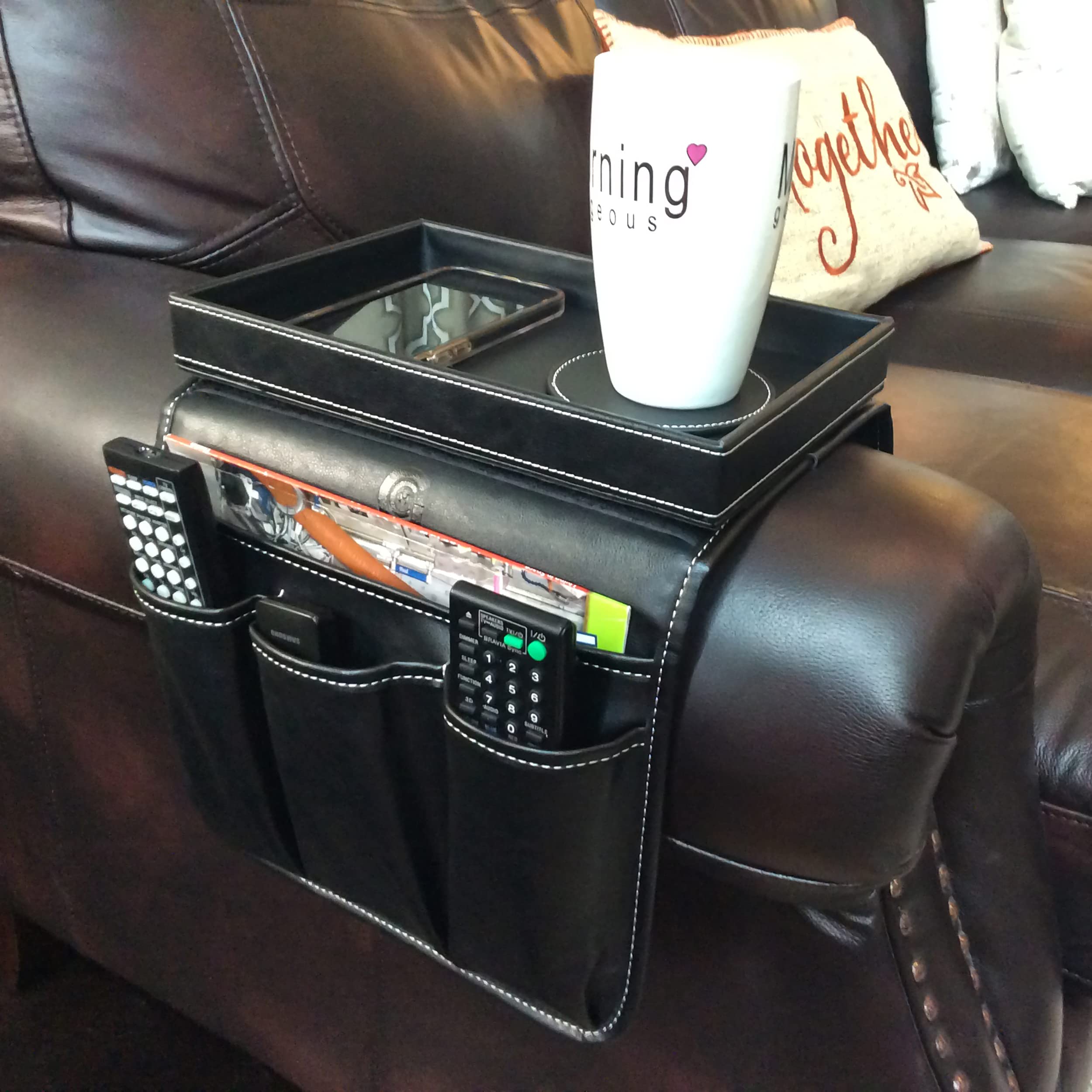 GLOCHYRA Armchair Caddy Remote holder for Recliners Armrest Organizer PU Leather - 5 Pockets Chair Caddy for phone