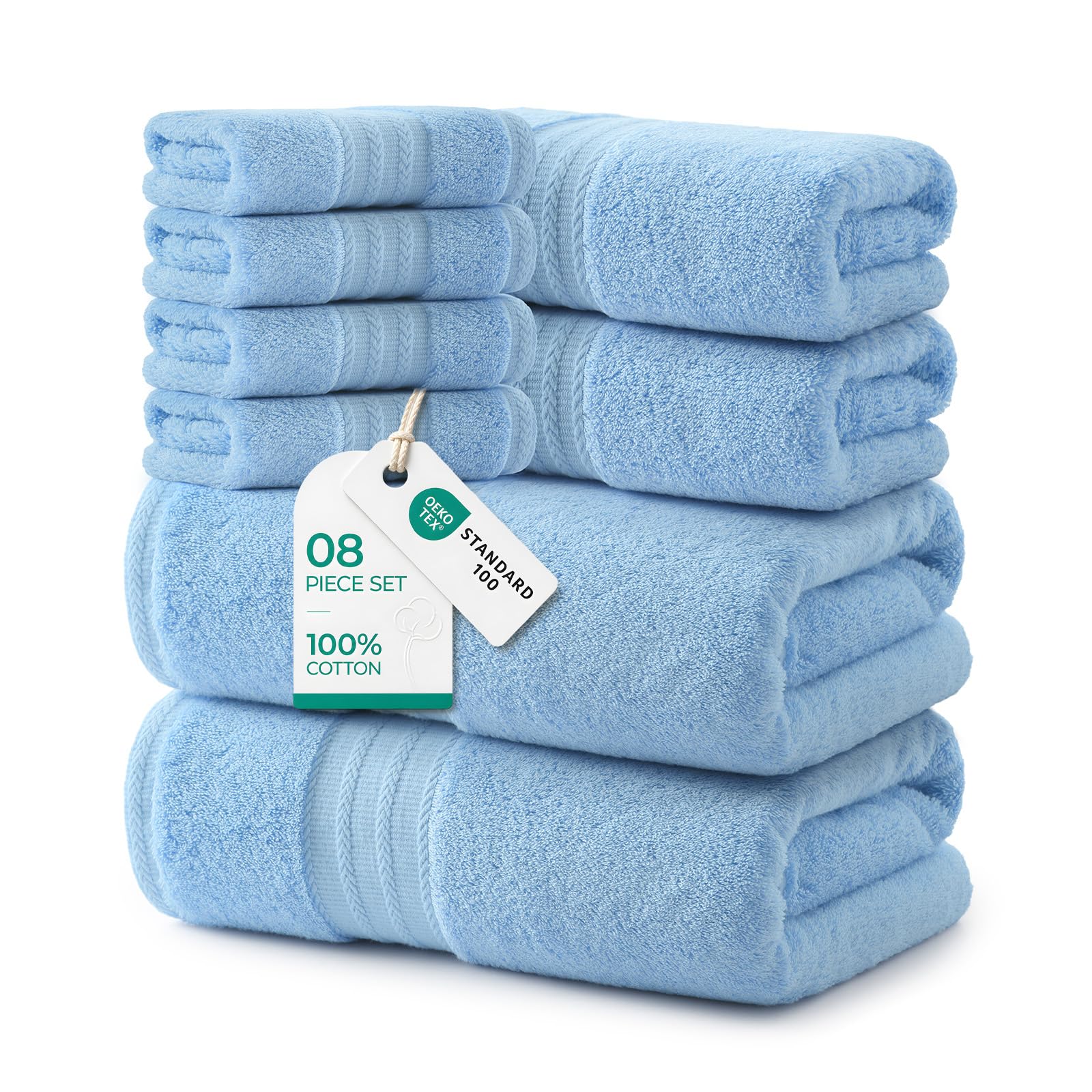 REDKISS 8 Piece Blue Towels Set with Hanging Loop-Quick Drying & Soft