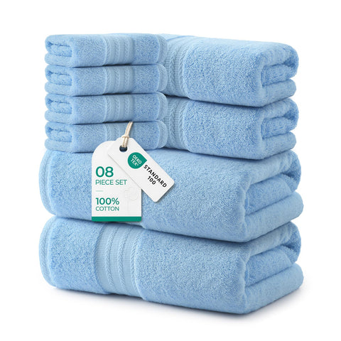REDKISS 8 Piece Blue Towels Set with Hanging Loop-Quick Drying & Soft