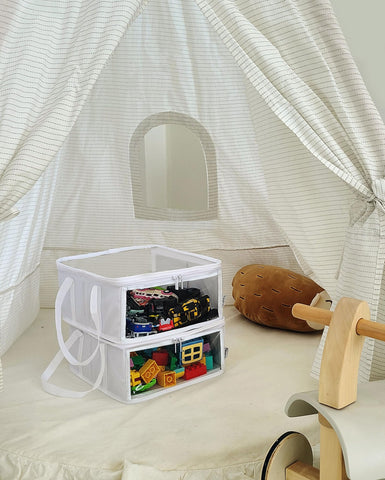 holay 2 Pack Foldable PVC Storage Bins with Transparent Lid & Handles, 12 x 12 x 6 Inch Organiser Boxes for Clothes, Toys & Books (White, Medium)