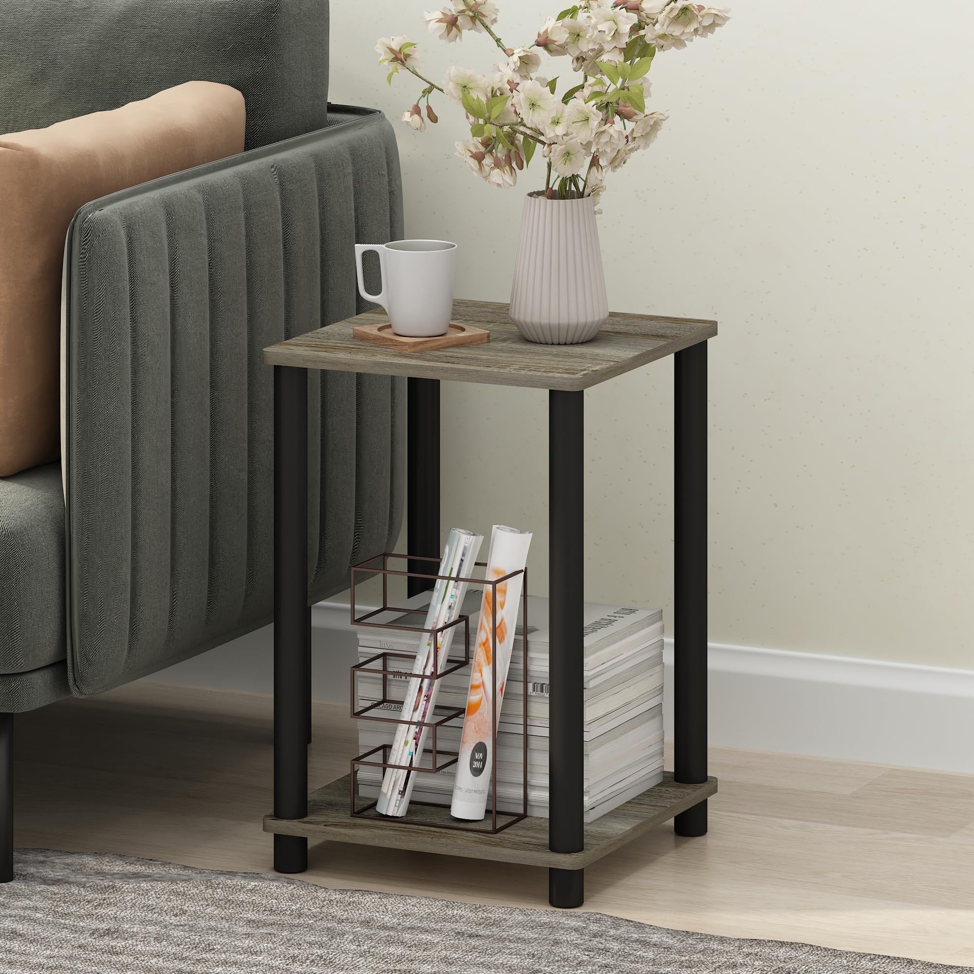 Furinno Turn-N-Tube Toolless Assembly Side Table Set of 2, Stackable 2-Tier Grey End Table with Open Shelf, Night Stand, Bedside Table