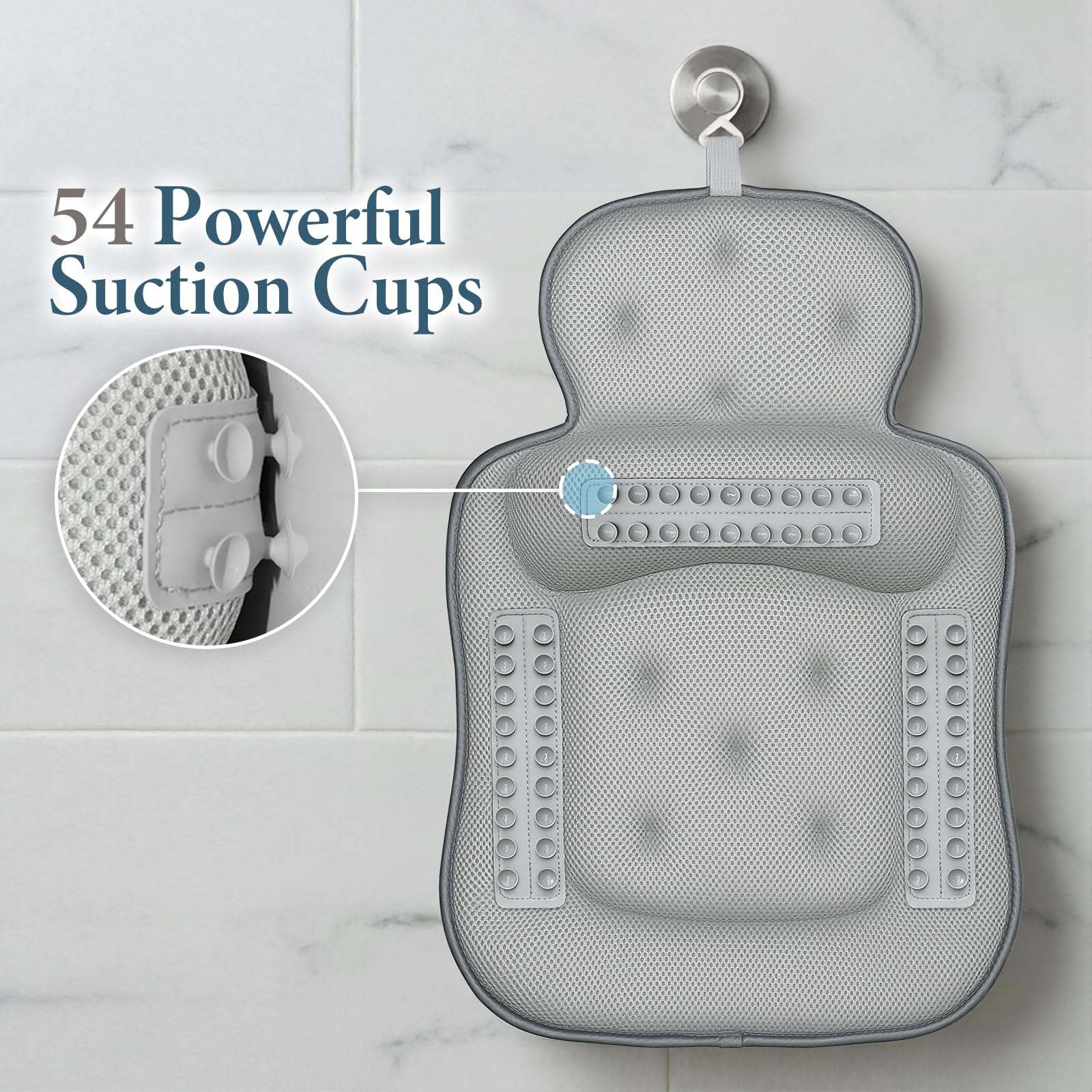 Bath Pillows for Tub, Comfortable Bathtub Cushion for Head and Neck with Soft 3D Mesh Fabric and 54 Non-Slip Suction Cups