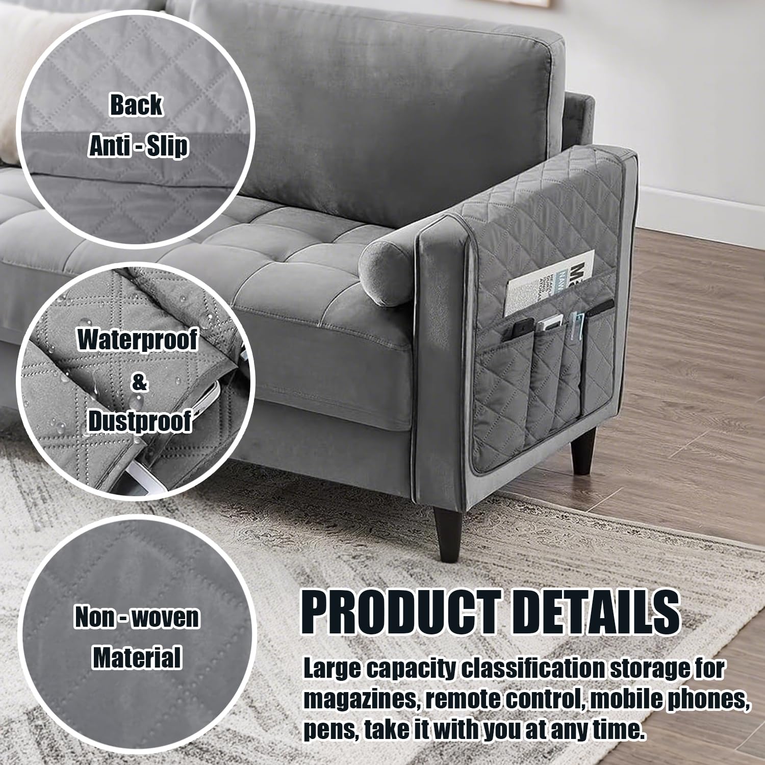 Kaelix Sofa Remote Control Holder Armchair Caddy – Non-Slip Couch Organizer for Remote, Phone, Glasses – 5 Pockets Arm Rest Organizer