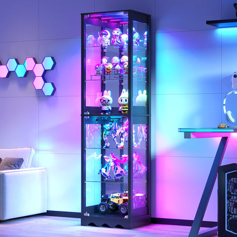 FREDEES Glass Display Cabinet with RGB Lights, 6 Tiers, Black