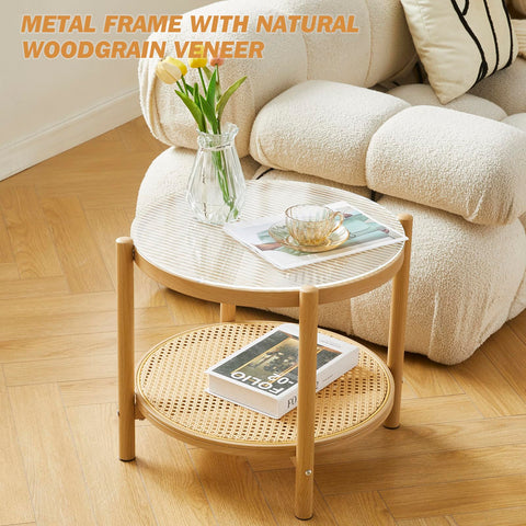 COSVALVE Boho Rattan Coffee Table Small Round, Glass Metal Side Table
