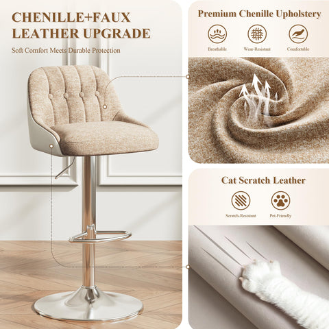 MALOL Adjustable Bar Stools Set of 4, Swivel Counter Stools with Backrest, Chenille & Faux Leather Upholstered Bar Chairs