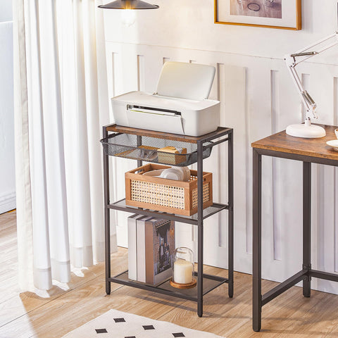 HOOBRO Tall Side Table, 3-Tier Industrial Telephone End Table with Storage Shelves and Basket, Small Laptop Table for Living Room, Bedroom, Office