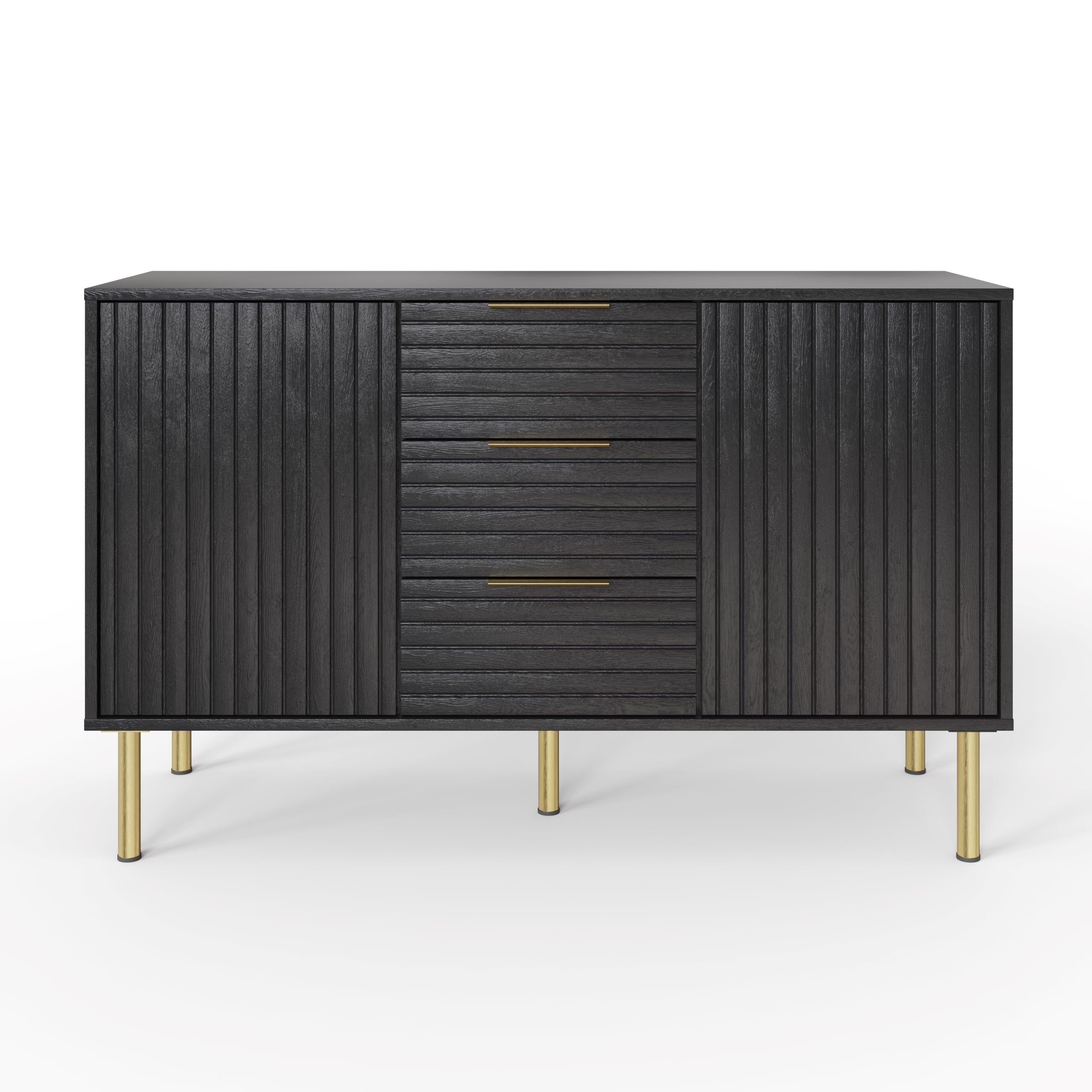 GFW Nervata Sideboard, Black Storage Cabinet with 3 Drawers and 2 Doors, Art Deco Style Sideboard with Gold Accents and Wood Grain Texture for Living