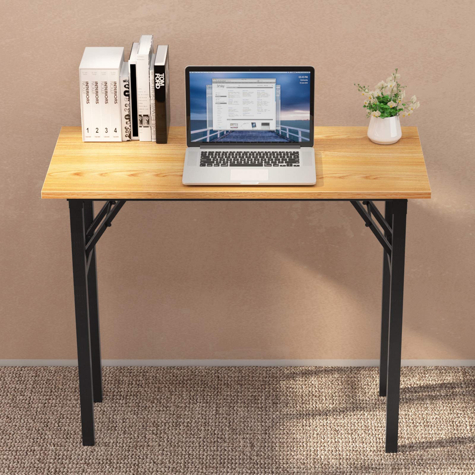 sogesfurniture Folding Table Office Study Writing Desk Workstation Dining Table, No Install Needed, 80x40x75cm, Teak&Black BHEU-LP-AC5YB-8040