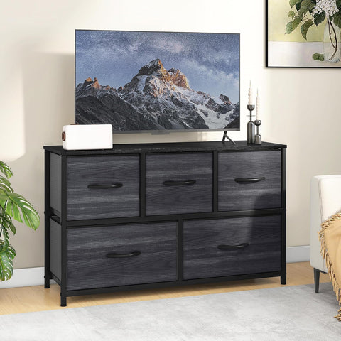 DWVO Chest of Drawers, 5 Fabric Drawers Bedroom Cabinet,Dresser for Bedroom,Living Room With Handles,Wood Top and Sturdy Steel Frame,Charcoal Black