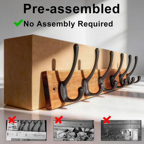 HONSKY Wall Coat Rack - 6 Double Hooks (44cm) | Wooden & Metal Towel/Coat Hanger for Entryway, Bathroom, Bedroom, Garage