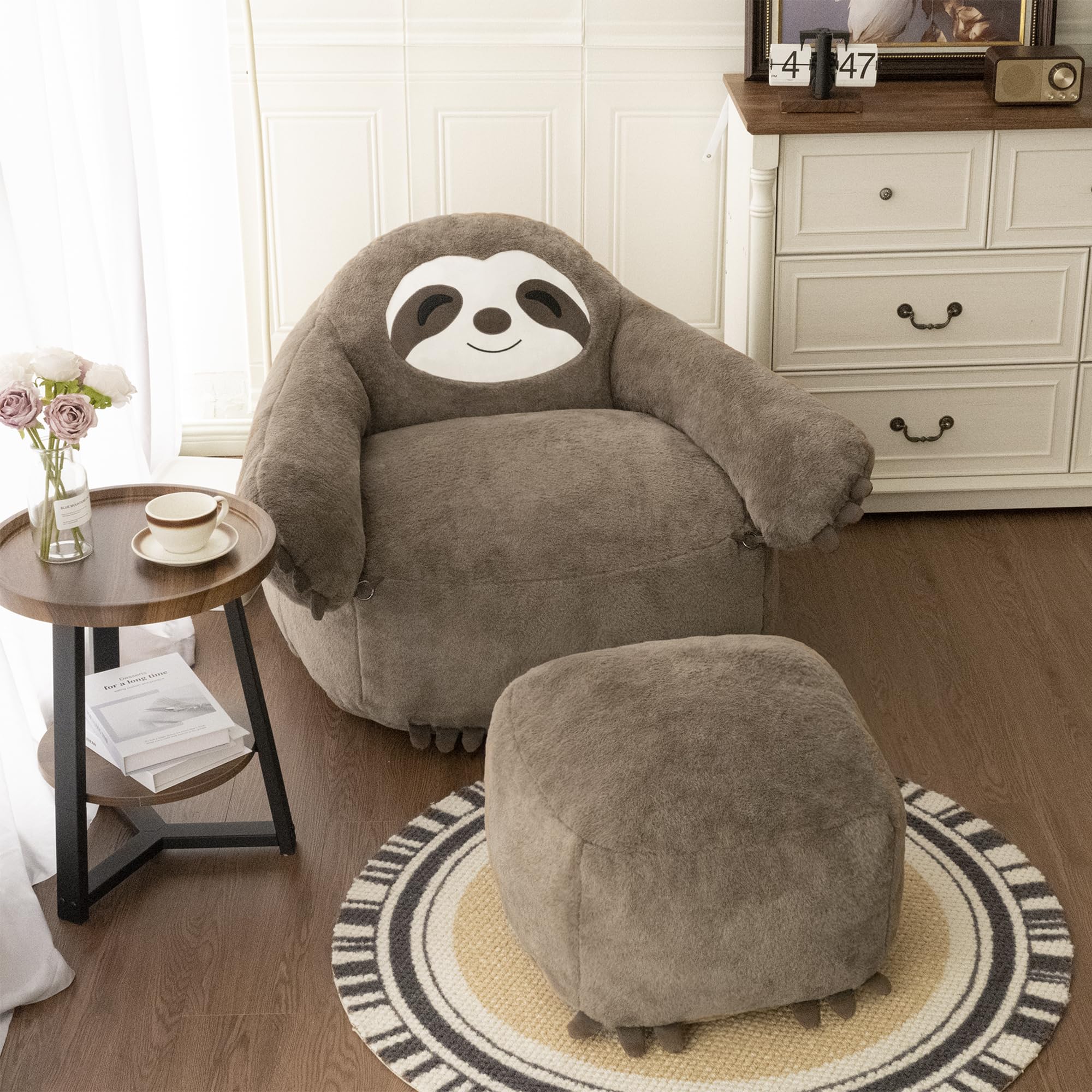 Pamapic Bean Bag Chair, Sloth Bean Bag Chair with Footstool, BeanBag with FIlling Included, Ergonomic Recliner with Detachable Armrest