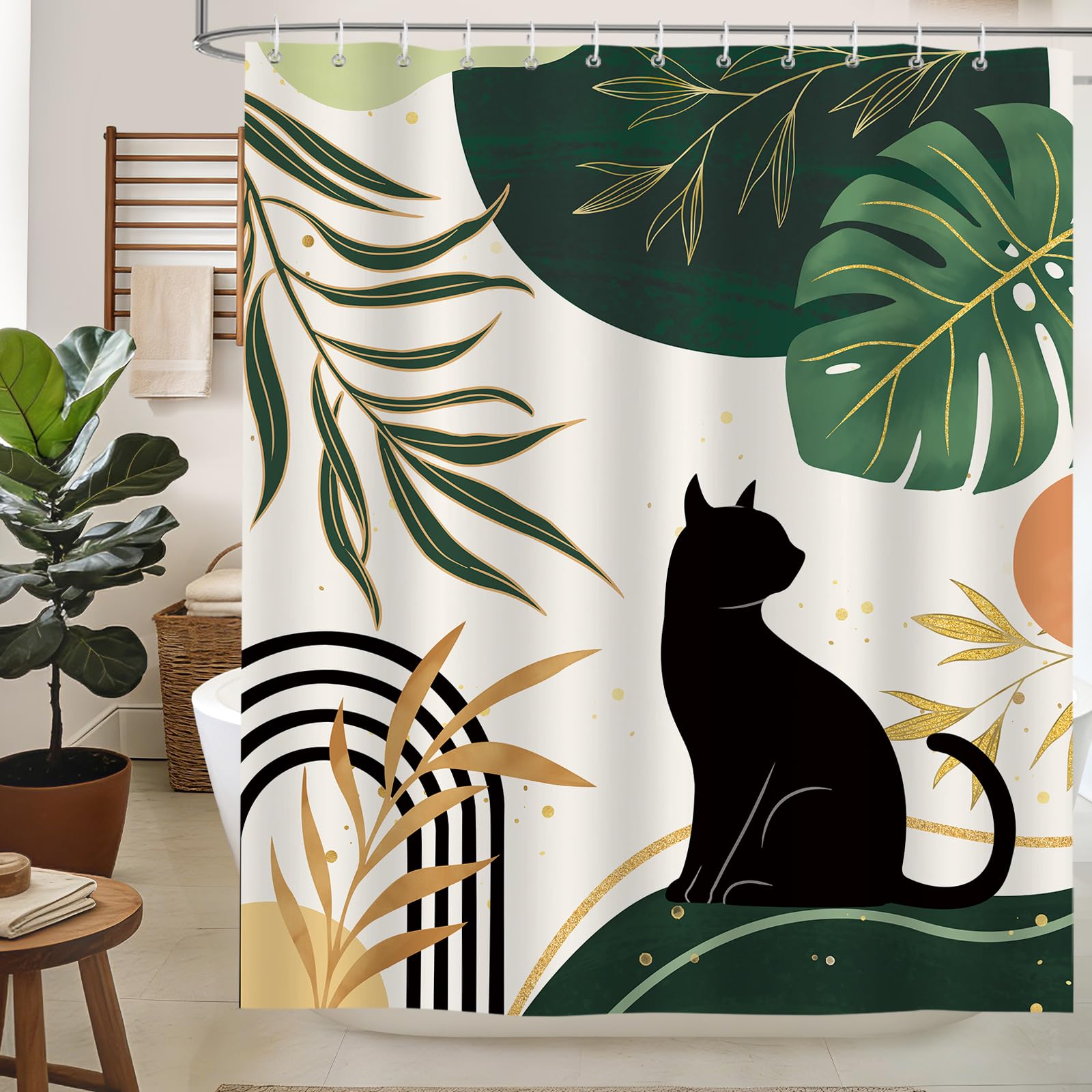 hometrixx Boho Black Cat Palm Leaf Sun Shower Curtain Green 72X78Inch