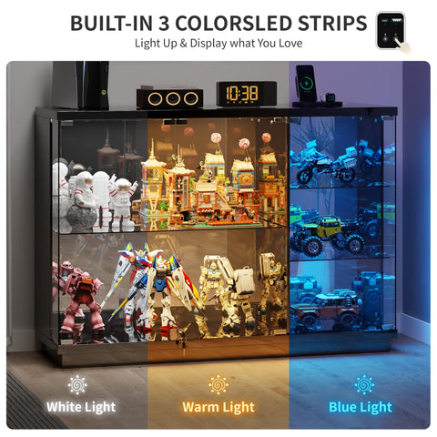 High Gloss Glass Display Cabinets with 3 Color Lights for Collectible Black