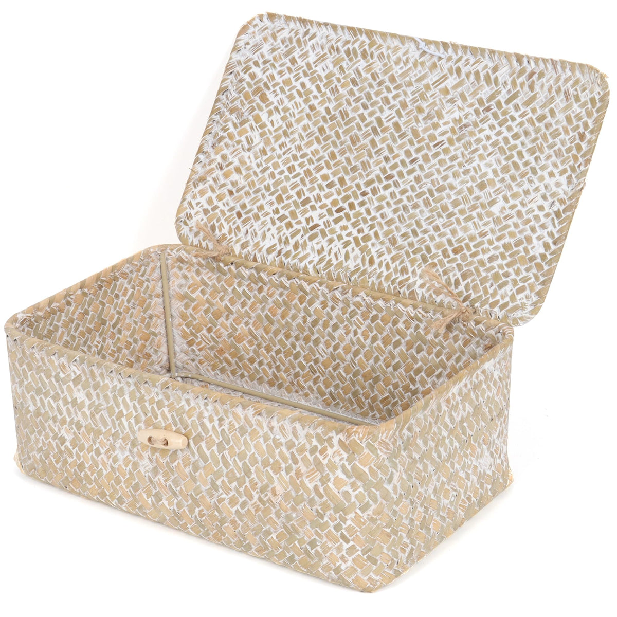FEIALNDUO Wicker Shelf Baskets with Lid,Seagrass Storage Basket Bins Rectangular Handwoven Basket Boxes for Shelves Desktop Home Organizer