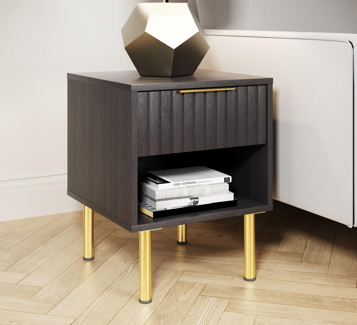 GFW Nervata Lamp Table, Black Side Table with Drawer Storage, Art Deco Style End Table with Gold Accents and Wood Grain Texture for Living Room and