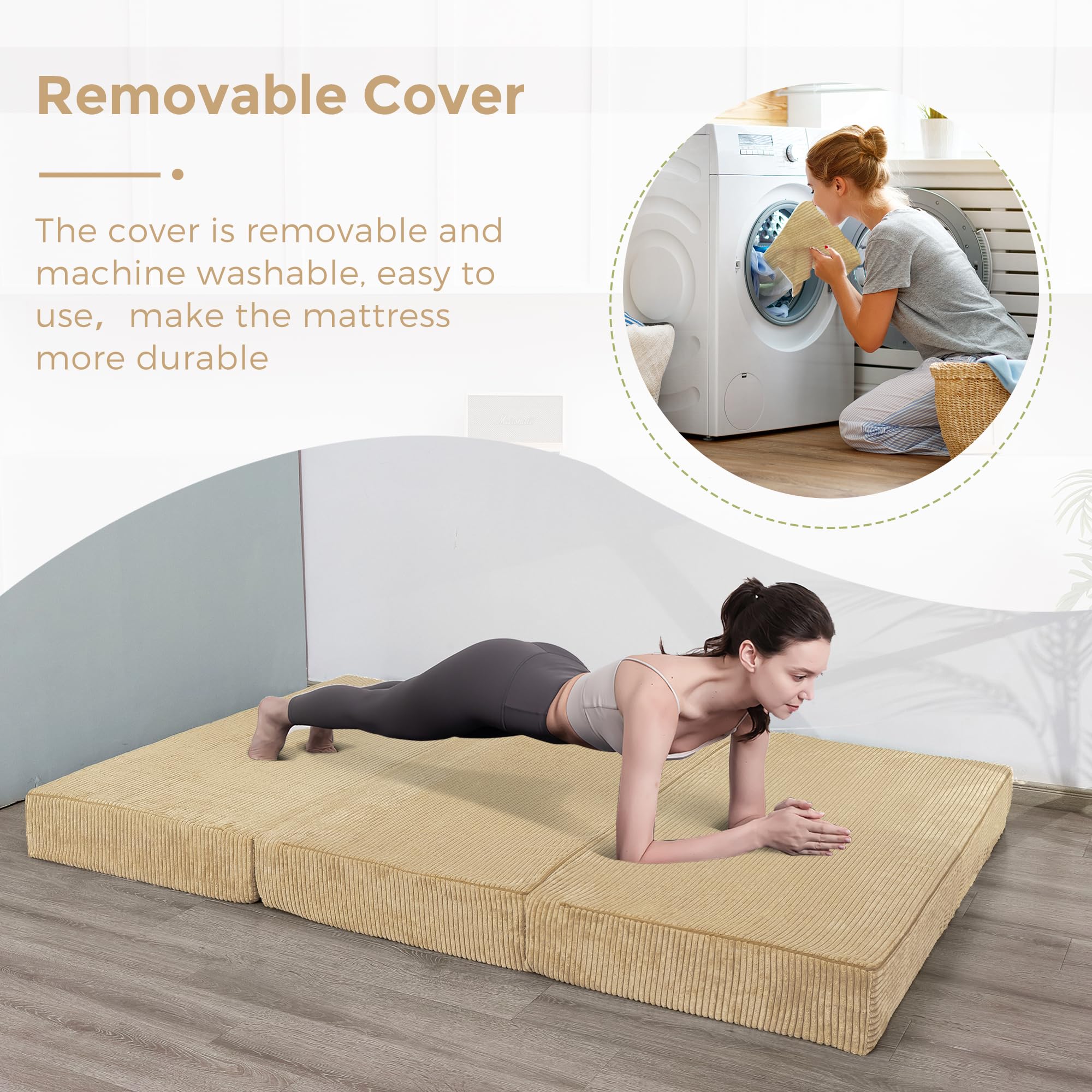 MAXYOYO Folding Corduroy Mattress, Tri Fold Floor Mattress 10cm thick with Washable Cover,Foldable in Three,Space-Saving for Guest (Camel, Double)