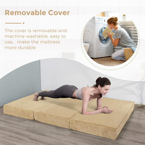 MAXYOYO Folding Corduroy Mattress, Tri Fold Floor Mattress 10cm thick with Washable Cover,Foldable in Three,Space-Saving for Guest (Camel, Double)