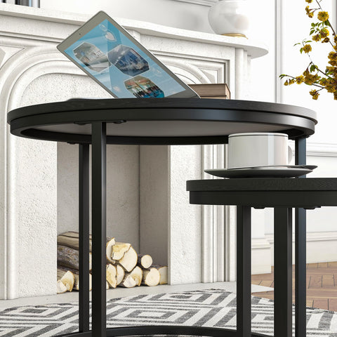 HOJINLINERO Small Round Nesting Coffee Table Set of 2 with Metal Frame and Wood Top, Modern Stacking Side Table for Living Room, Bedroom, Office