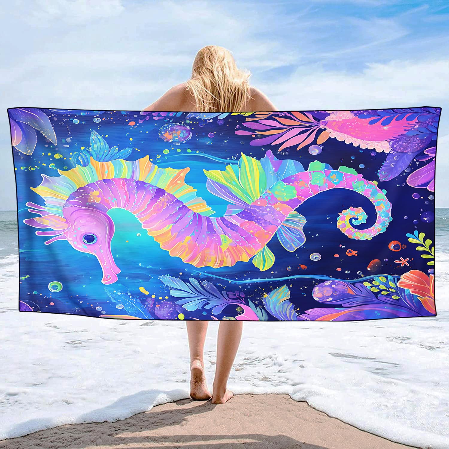 YISUMEI Purple Seahorse Beach Towels for Adults Extra Large 180 x 90 cm, Microfibre Lightweight Quick Dry Towel for Swimming Pool Cruise Travel