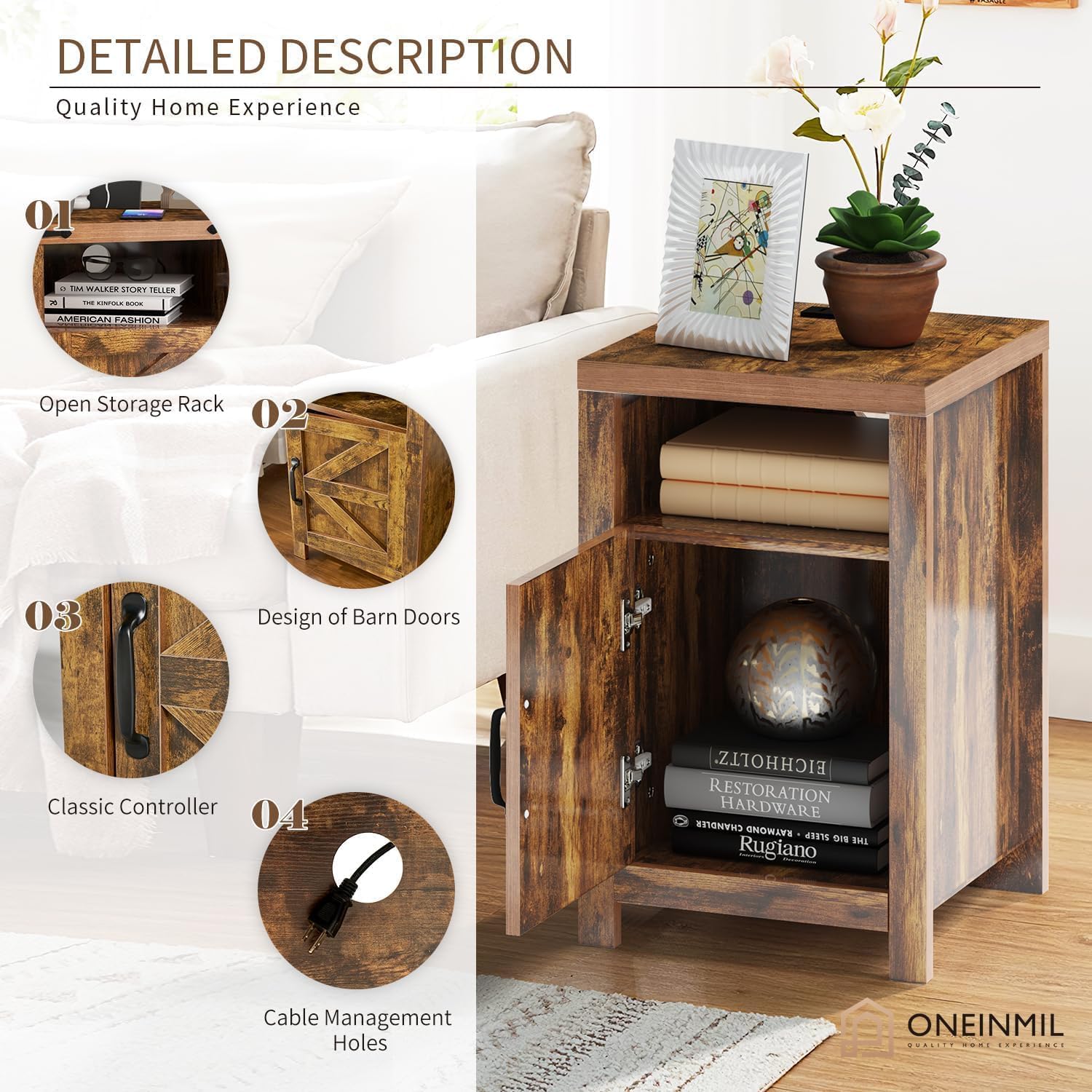 oneinmil Bedside Table with Charging Station, Farmhouse Sofa Side Table Set of 2 with Storage Cabinet, Bed Side End Table with USB