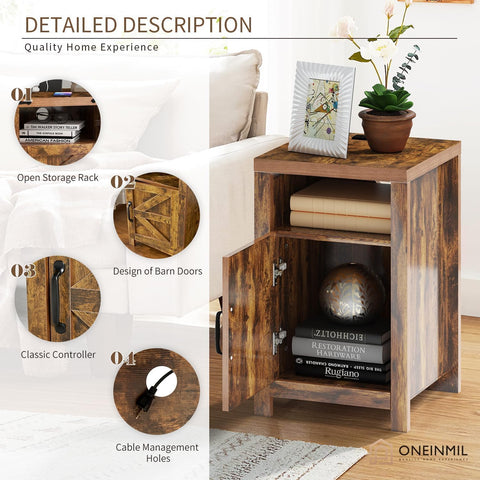 oneinmil Bedside Table with Charging Station, Farmhouse Sofa Side Table Set of 2 with Storage Cabinet, Bed Side End Table with USB