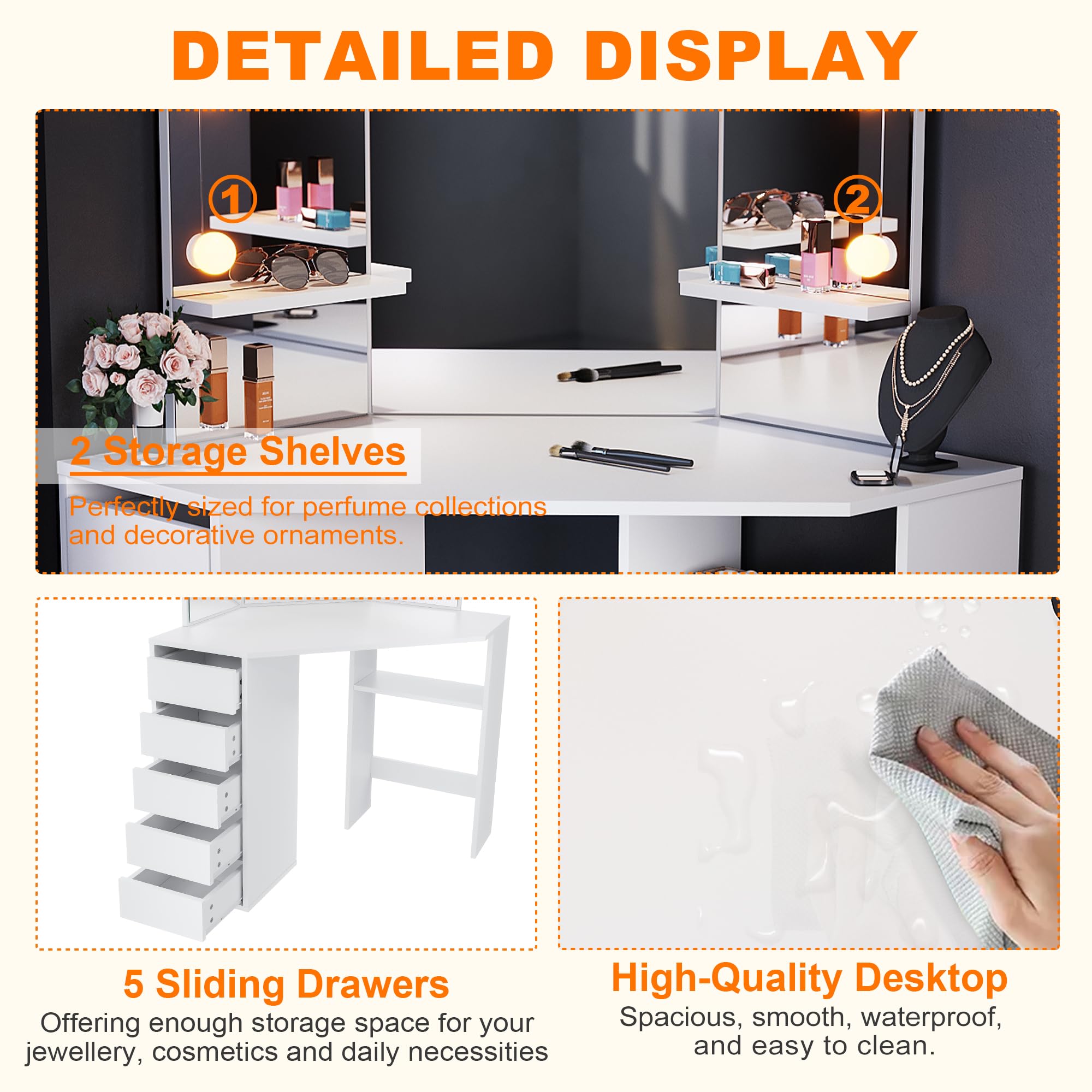 ELEGANT Corner Dressing Table with Mirror and 5 Drawers, 54x111x142cm