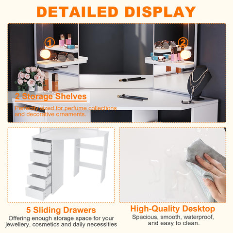 ELEGANT Corner Dressing Table with Mirror and 5 Drawers, 54x111x142cm