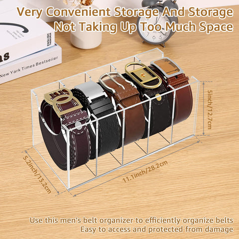 Bpyhebe Acrylic Belt Storage Organizer, 5 Compartments Belt Tidy Box for Drawers and Wardrobe, Clear Belts Rack Display Case