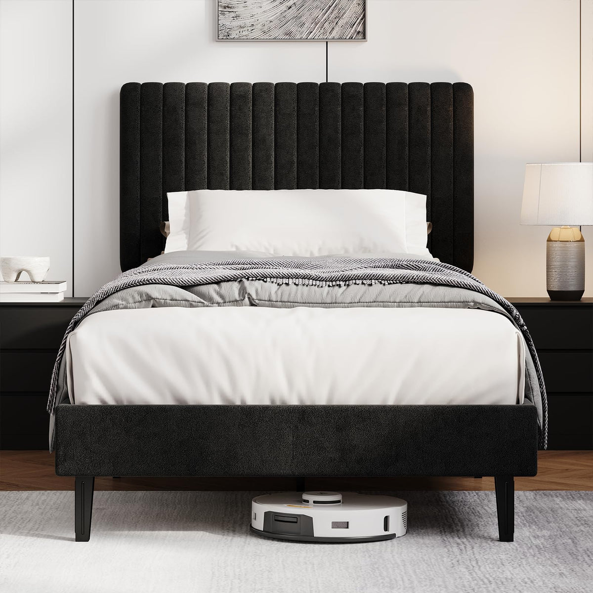 HOMBCK Single Bed Frame, 90 x 190 cm, Upholstered Bed with Velvet Headboard, Adjustable Height, Wooden Slat Support, No Box Spring Needed, Black