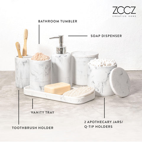 ZCCZ White Bathroom Accessory Set 6 Pieces - Organiser With Toothbrush Holder, Lotion Soap Dispenser, Vanity Tray and 2 Q-tip Holders