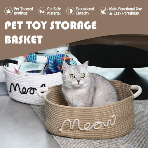 Sea Team Beige Meow Cotton Rope Storage Bin Pet Toy Food Shelf Basket
