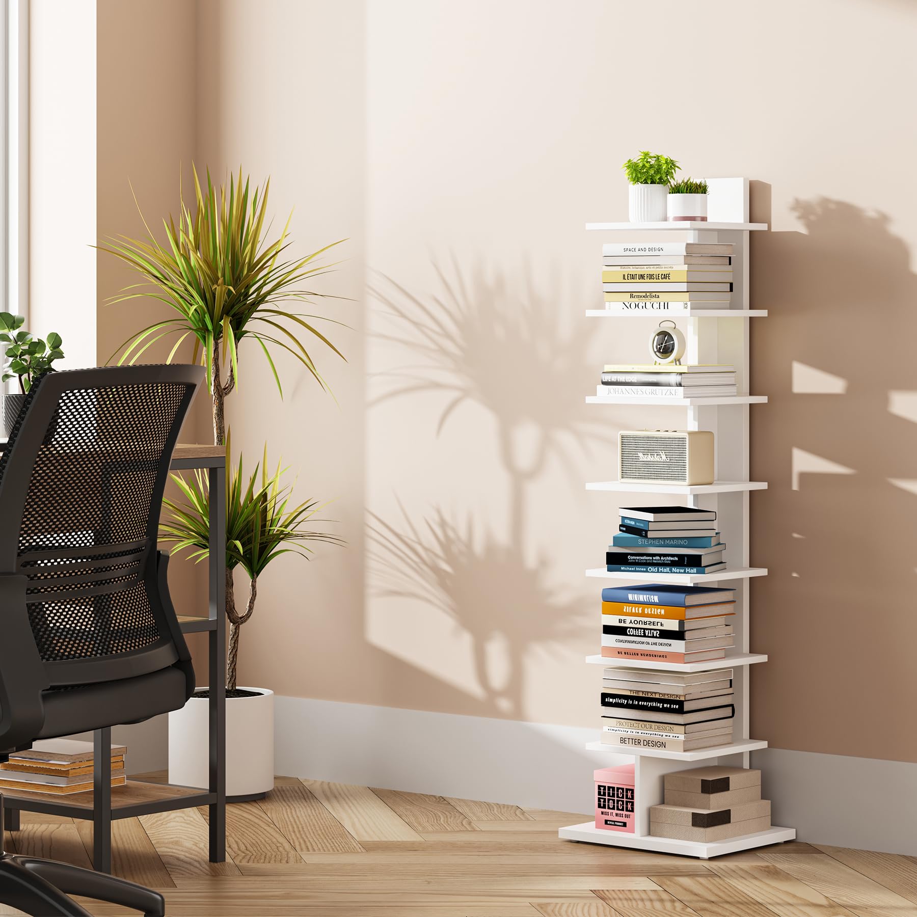 TUTOTAK Vertical Bookshelf, 8-Tier Bookcase, Narrow Spine Book Shelf for Small Space, Corner Standing Shelf for Living Room, Office, Study, Entryway