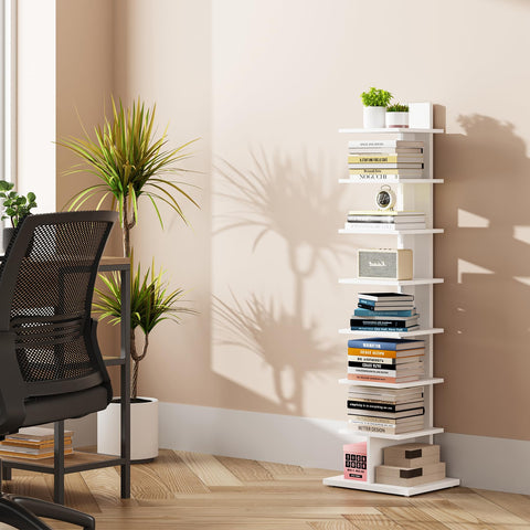 TUTOTAK Vertical Bookshelf, 8-Tier Bookcase, Narrow Spine Book Shelf for Small Space, Corner Standing Shelf for Living Room, Office, Study, Entryway