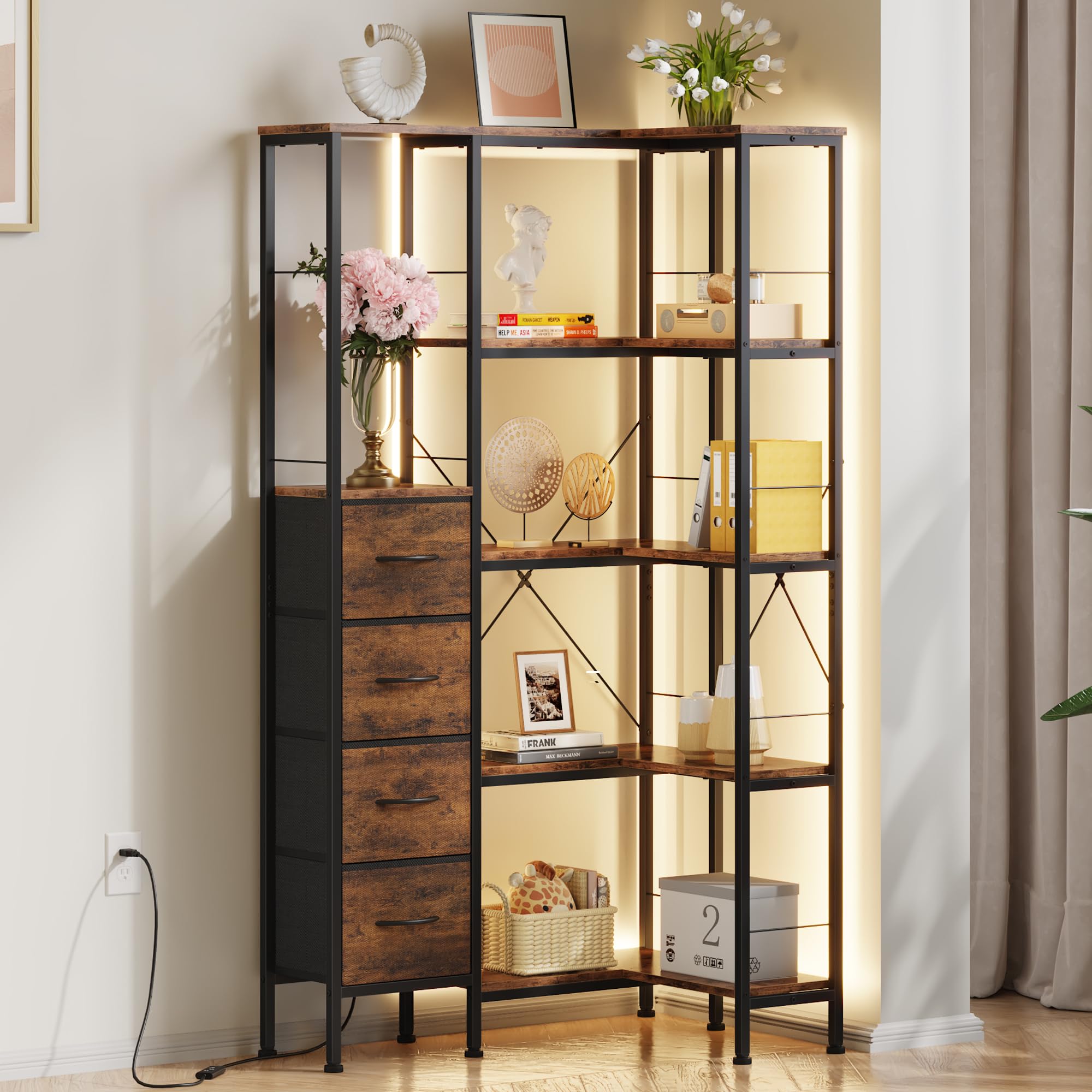 Corner Bookshelf Unit with 4 Fabric Drawers & LED Light, 5-Tier, Rustic